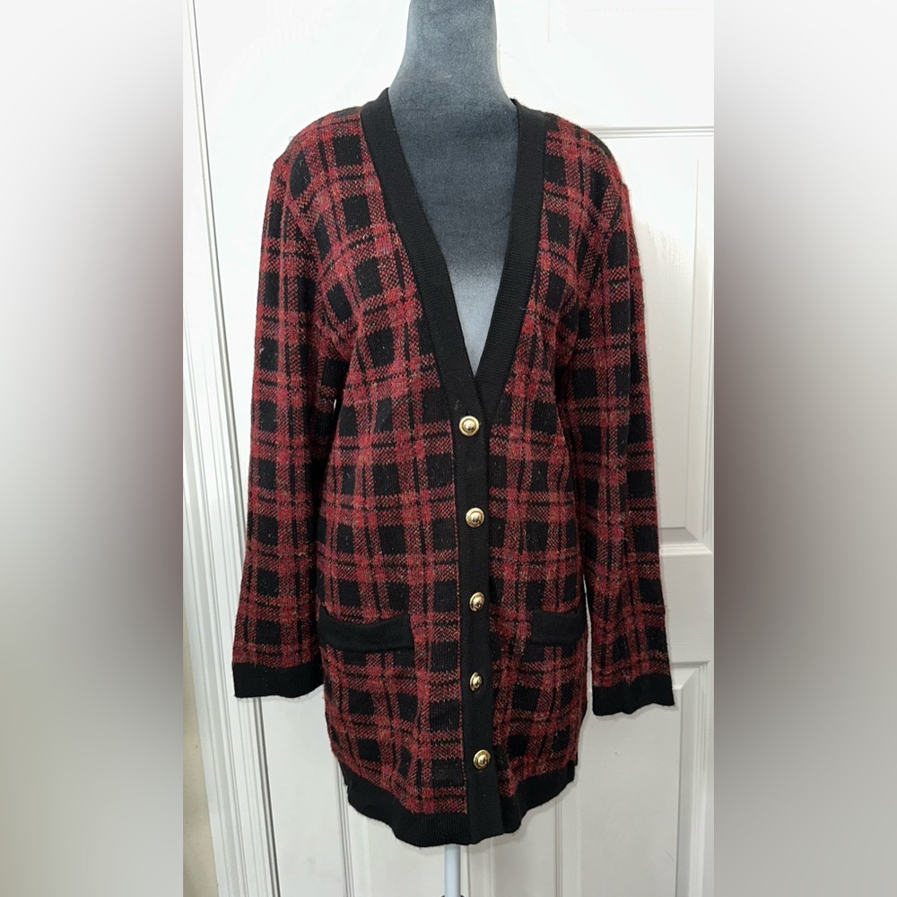 VTG FGC sweater Cardigan Men's or women's Red Black Plaid Gold Buttons Long